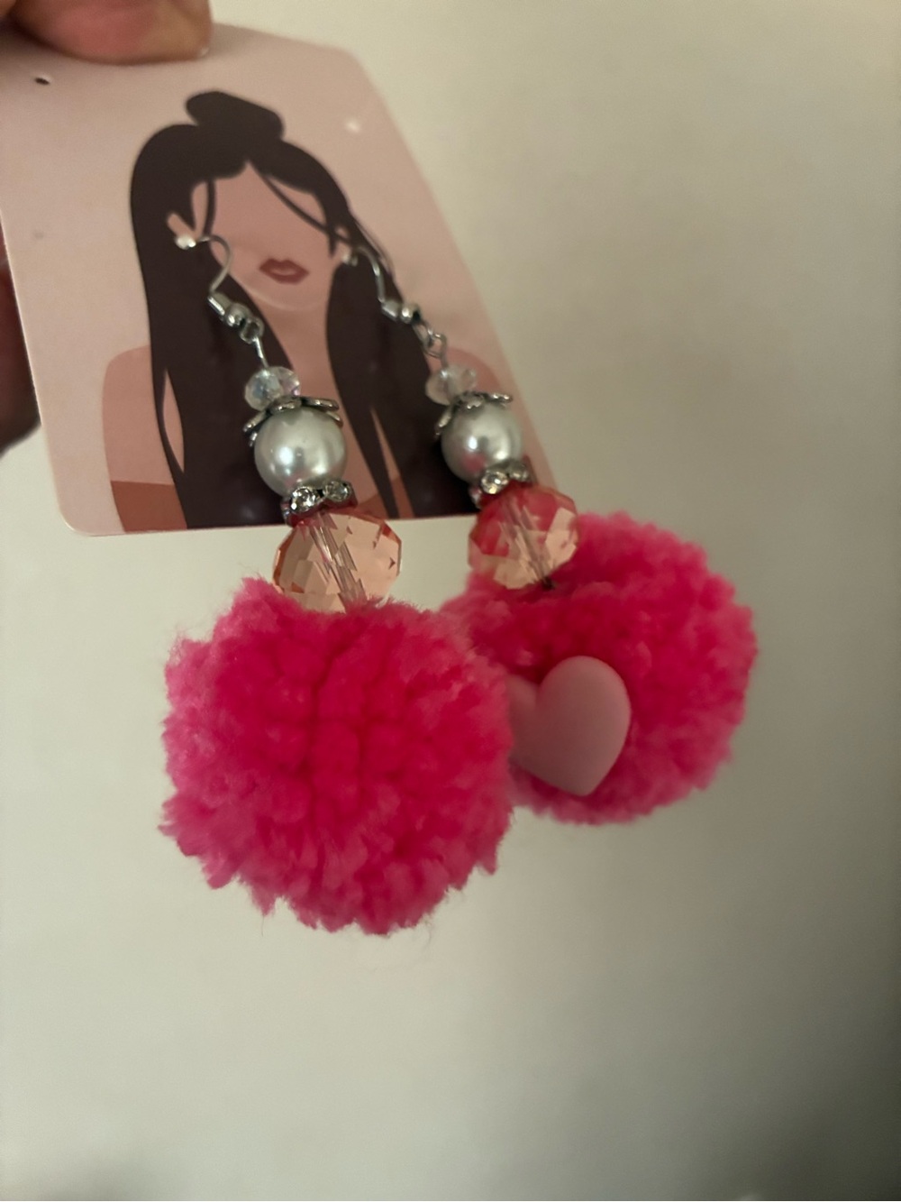 Hot Pink Pom Pom Heart Drop Earrings
